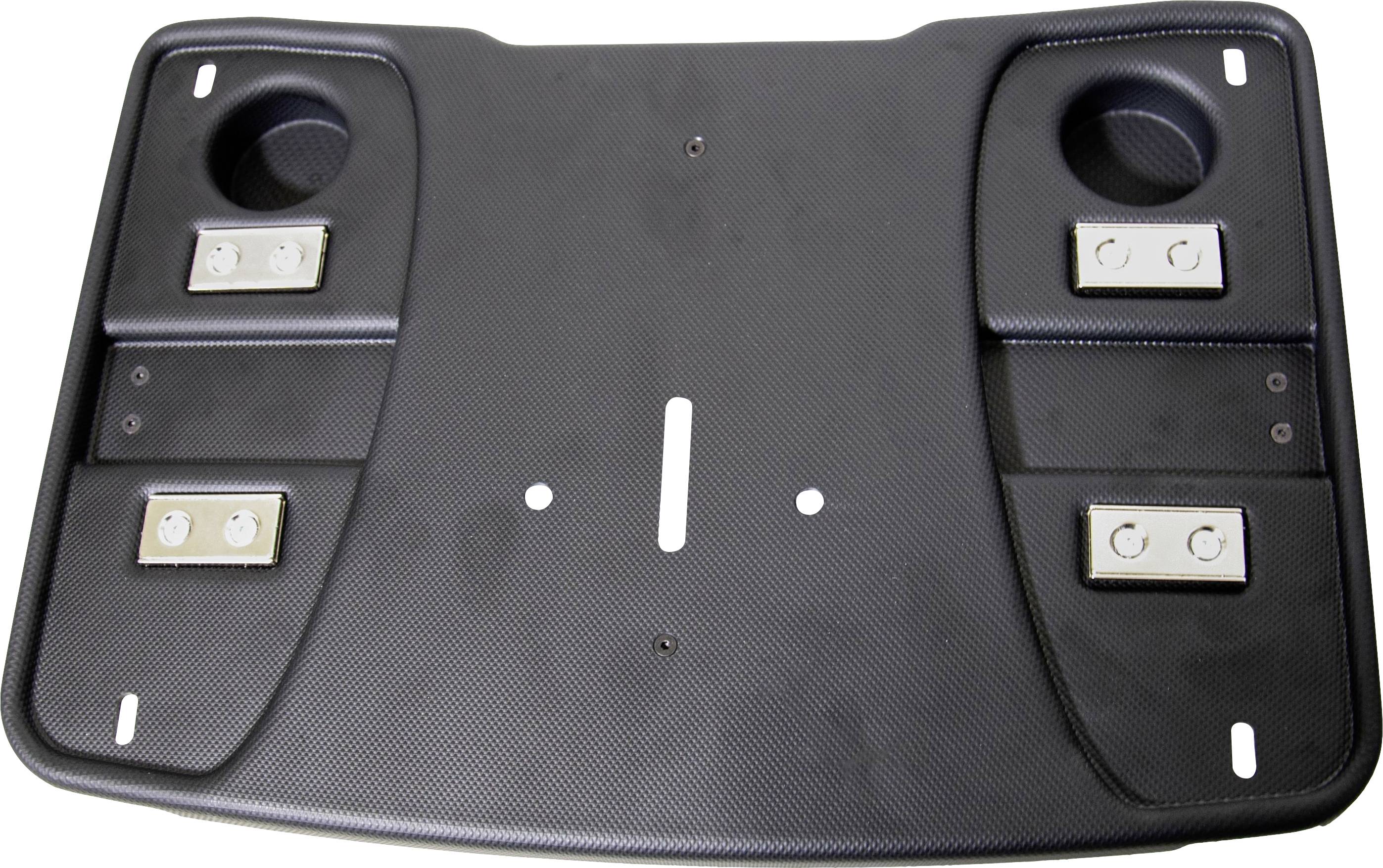 A car speaker cover with four built-in speakers and two circular openings, suitable for a vehicle's boot lid.