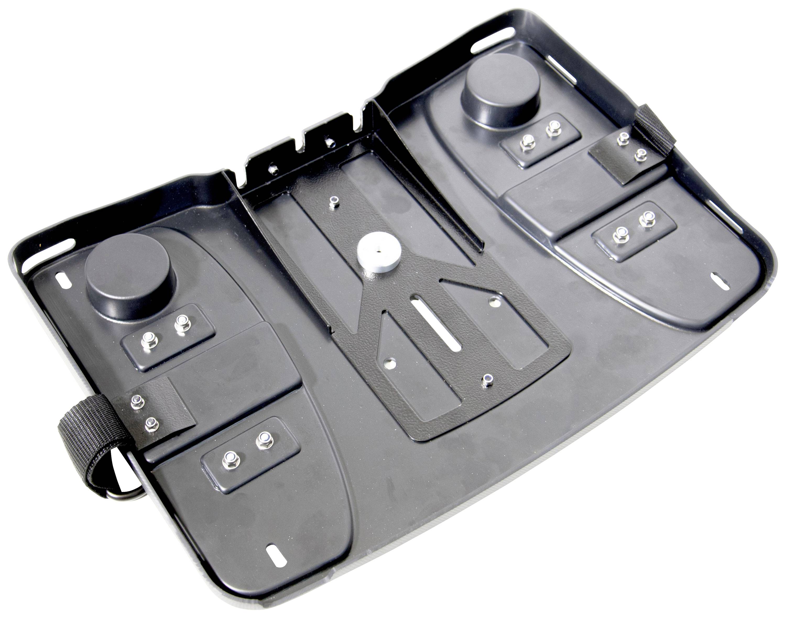 Black plastic pedal with two round tread surfaces, adjustable straps, and silver screws, used for operating equipment.