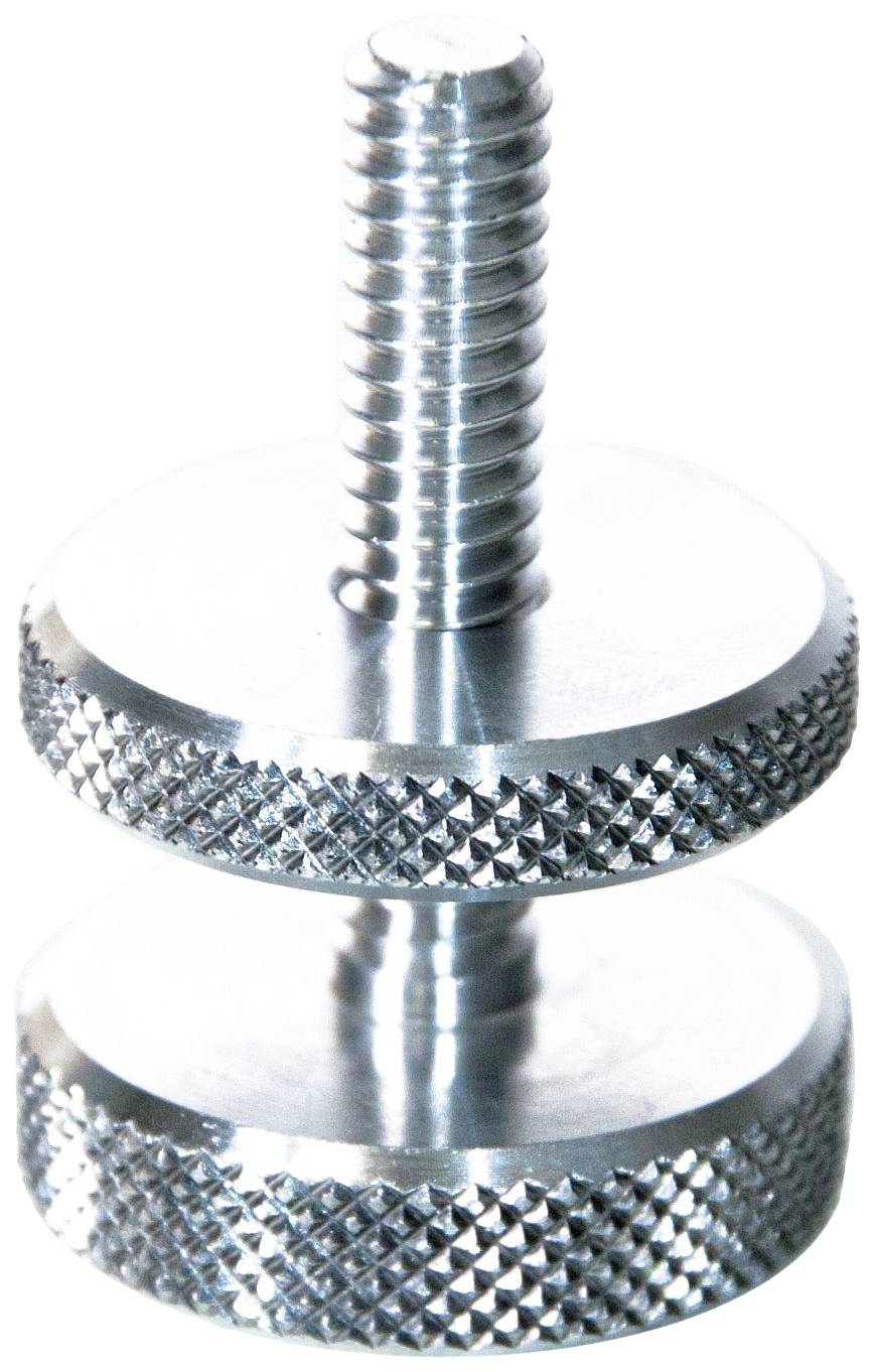 A metallic knurled screwdriver with a cylindrical head and textured surface, for manually tightening or loosening screws.