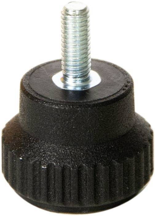Black plastic rotary knob with a knurled edge and a metal screw on top.