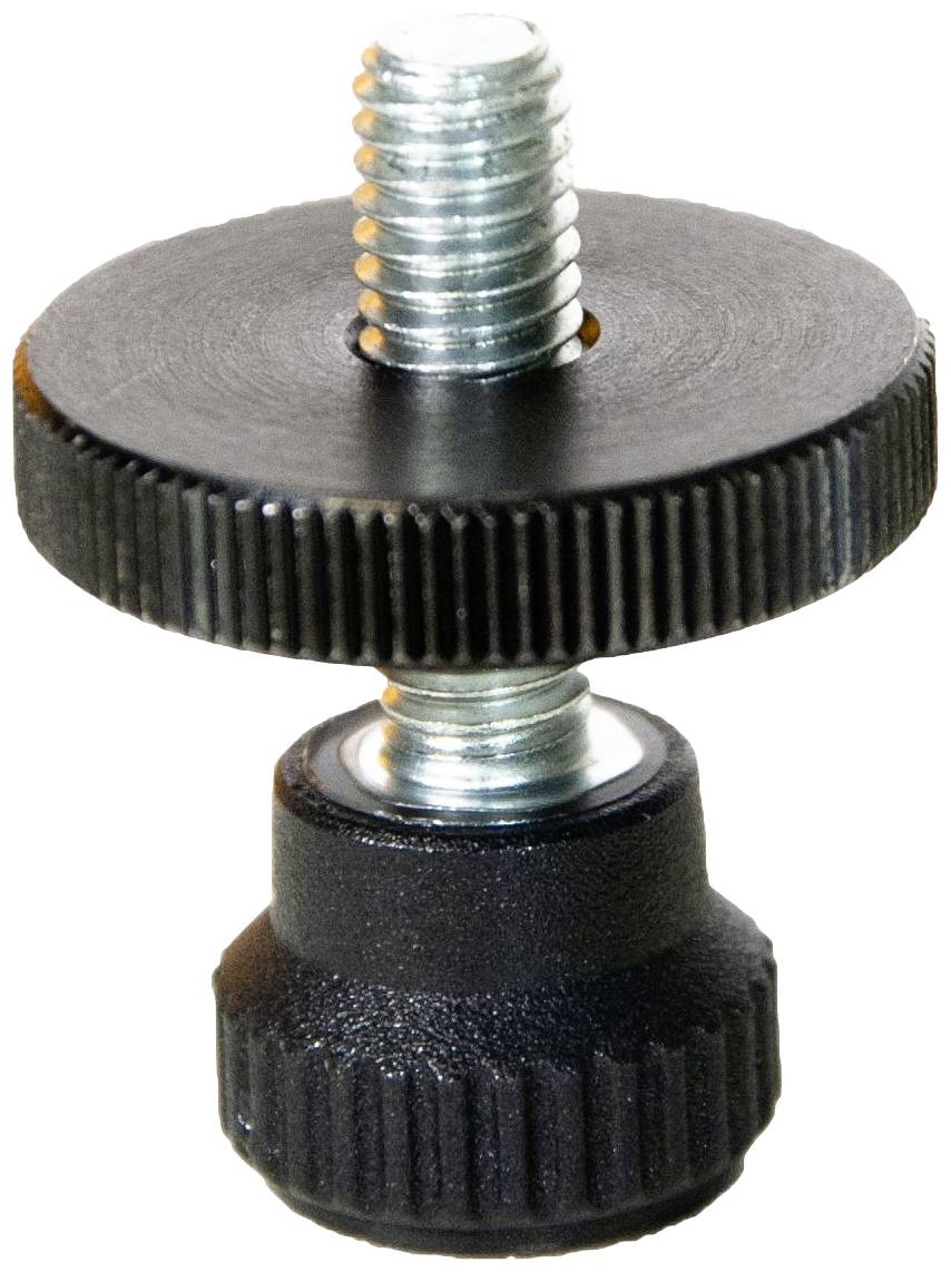 A black, ribbed tripod adapter with a screw thread, used for mounting cameras and accessories on tripods.