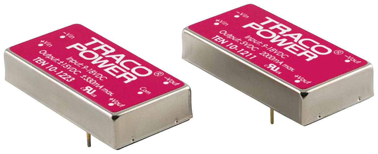 Two red Traco Power components, rectangular with metal housing, display technical specifications and model numbers.