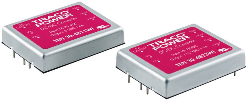 Two rectangular electronic components labelled 'TRACO POWER'. They are DC/DC converters, silver in colour with a red label.