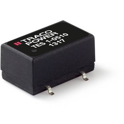 Black electric transformer with the inscription 'TRACO POWER TES 1-0510 1317', rectangular shape, two metal connectors.