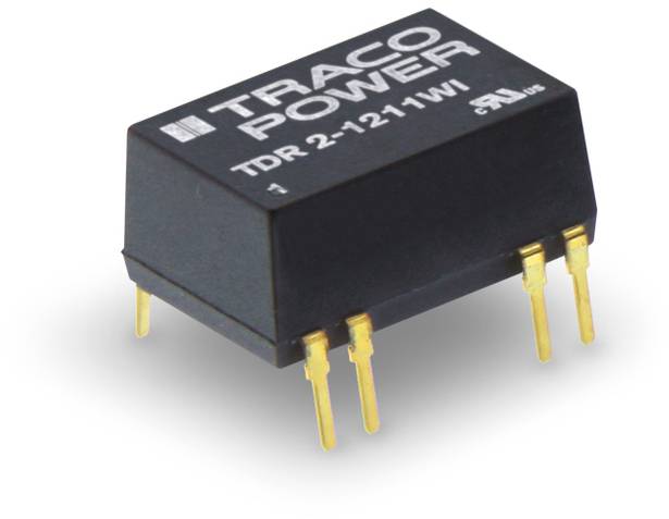 'TRACO POWER' voltage converter module with six golden pins. Model 'TDR 2-1211WI'. Black housing, compact design.