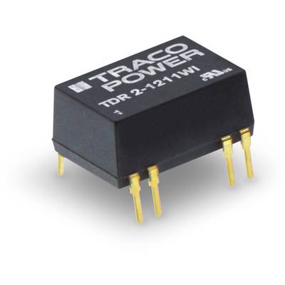 'TRACO POWER' voltage converter module with six golden pins. Model 'TDR 2-1211WI'. Black housing, compact design.