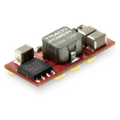 A small voltage converter from Traco Power on a red circuit board, with multiple capacitors and an integrated circuit, suitable for electronic applications.