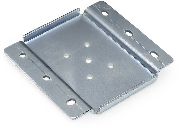 Metal angle brackets with holes for screws, used for stable connections in construction or assembly projects.