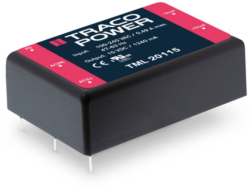 'TRACO POWER' module, input: 100-240VAC, 47-63Hz, max. 0.49A, output: 15VDC, max. 1,600mA. Black, rectangular housing with four connections.