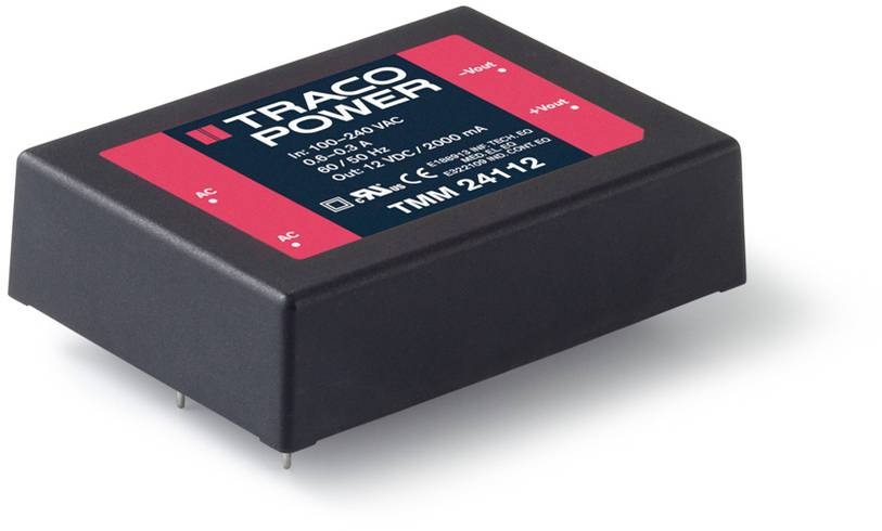 Power supply unit (TracoPower TMM 24112) in a black and red enclosure, suitable for 85-264 VAC input and 5 VDC output voltage.