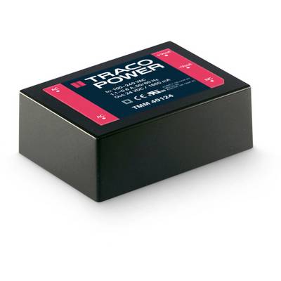 Black rectangular power supply module with 'TRACO POWER' logo and technical specifications on the label on the top surface.