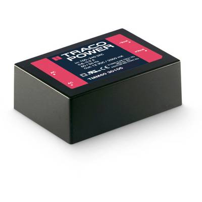 Black Traco Power module with voltage specifications on a red label, for converting or regulating electrical voltages.