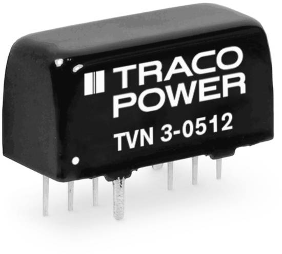 Black Traco Power TVN 3-0512 transformer with six metal pins on the underside, suitable for electronic applications.
