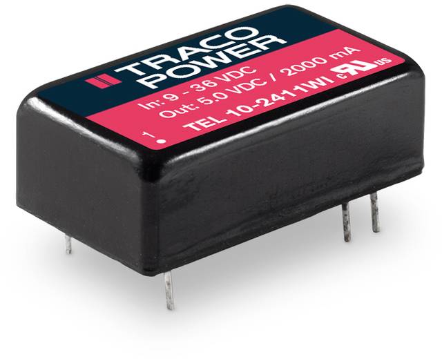 A black DC/DC converter from Traco Power, model TEL 10-2411WI, with input range 9-36 VDC and output 5 VDC / 2000 mA.