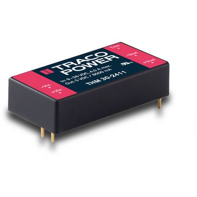 The image shows a right-angled, black Traco Power voltage converter with the model number 'THM 30-2411' marked on its casing.