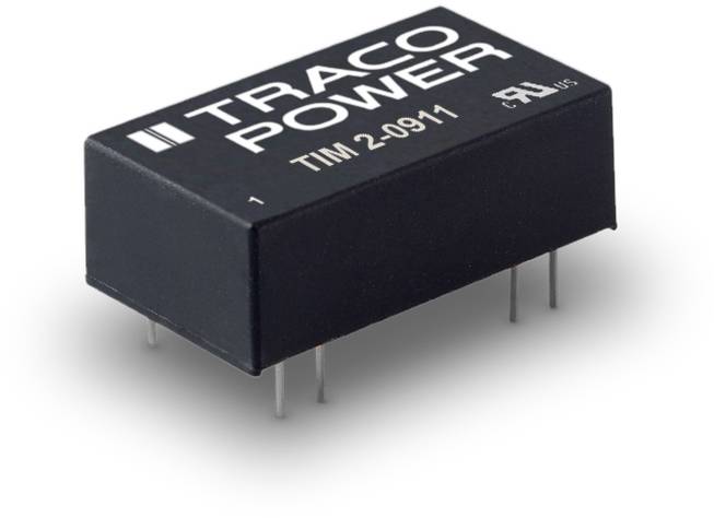 'TRACO POWER' black rectangular component, Model TIM 2-0911, with six metal pins at the bottom. Electronic component for power supply.