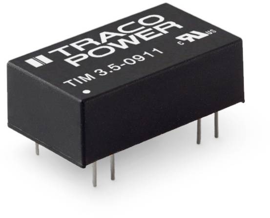 A black electronic transformer with six metal pins, labelled 'TRACO POWER TIM 3.5-0911', shows the manufacturer TRACO.