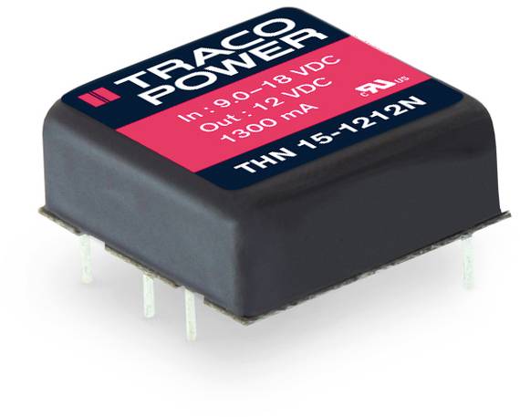 'Traco Power' voltage converter, input: 9-18 VDC, output: 12 VDC, 1300 mA. Model THN 15-1212N, rectangular design with pins.