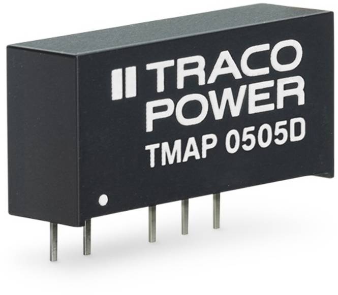 Black rectangular electronic component with the inscription 'TRACO POWER TMAP 0505D' and five metal pins at the bottom.