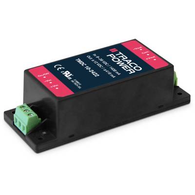 Traco Power converter with red and black casing. Inscription: 'DC 9-36V Input', '12V Output', Model: 'TMD-12'. Connections on the left.