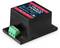 Black Traco Power power supply module TMDC 06 series with red label, green connection block for electrical connections.