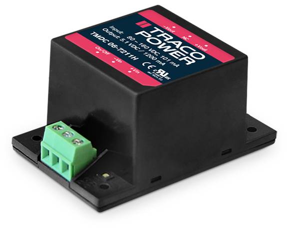 A black TMDC 06 power supply from TRACO POWER with a red label and green connection terminals for power conversion from 9–36 VDC.