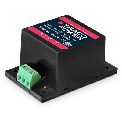 A black TMDC 06 power supply from TRACO POWER with a red label and green connection terminals for power conversion from 9–36 VDC.