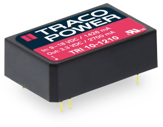 A TRACO POWER voltage converter with the inscription 'Input: 9-18 VDC / 1428 mA, Output: 3.3 VDC / 2700 mA, TRI 10-1210'.
