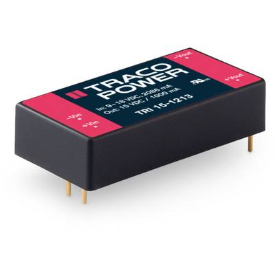 DC/DC converter from TRACO POWER, model TRI 15-1213, with input range 9-18 VDC, output 15 VDC, 1000 mA.