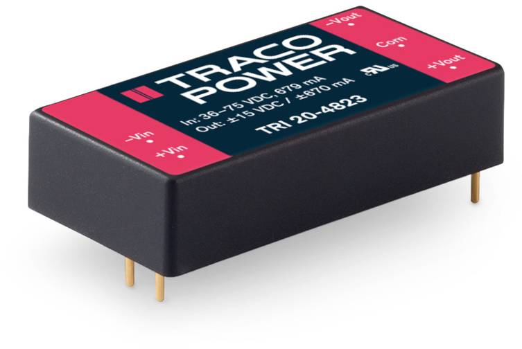 Electronic component with 'Traco Power' inscription. Input voltage: 36-75 VDC, Output voltage: ±15 VDC, Power: 678 mA.