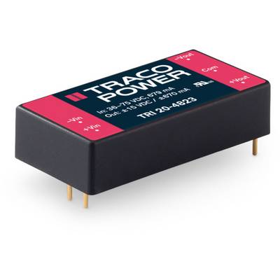 'Rectangular electrical component, labelled with TRACO POWER. Input and output voltages of 9-75 VDC, 15 VDC, 670 mA specified.'
