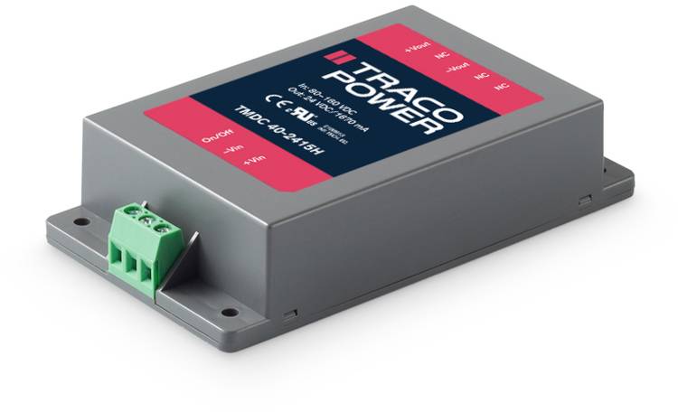 Grey-red electronic device with connection terminals, marked with 'TRACO POWER'.