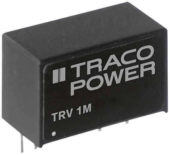 Black, rectangular electronic component with the inscription 'TRACO POWER TRV 1M', showing connections on the underside.