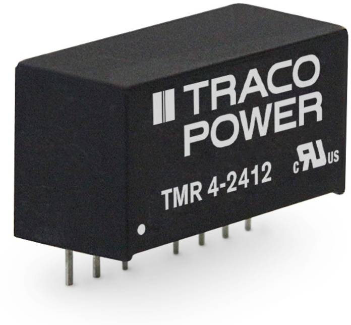 TMR 4-2412 voltage converter from Traco Power, black housing, eight pins, for electronic applications.
