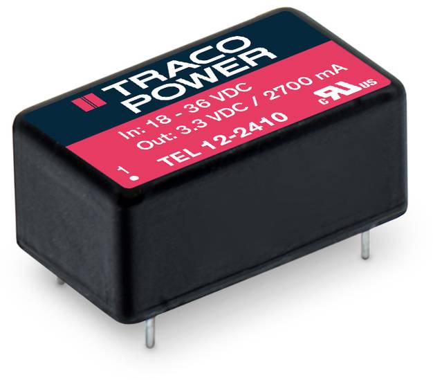 'Rectangular DC-DC converter by TRACO POWER. Input: 18-36 VDC, Output: 3.3 VDC/2700 mA. Model: TEL 12-2410.'