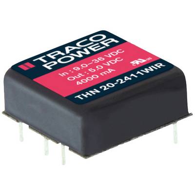 A rectangular electronic component with the inscription 'TRACO POWER', input: '9.0-36 VDC', output: '5.0 VDC', '4000 mA'.