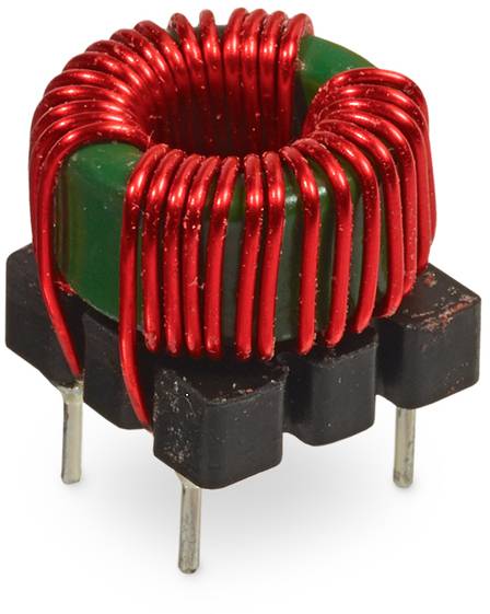 A round electronic component with a red copper wire wound around a green coil, mounted on a black plastic base with three terminals.