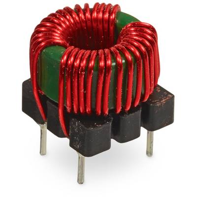 A round electronic component with a red copper wire wound around a green coil, mounted on a black plastic base with three terminals.