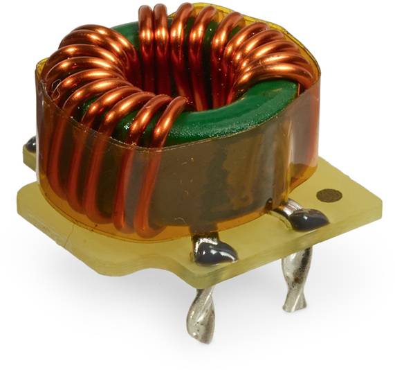 Small electronic component, an inductor with copper wire coils on a green core. Mounted on a yellow circuit board with three terminals.