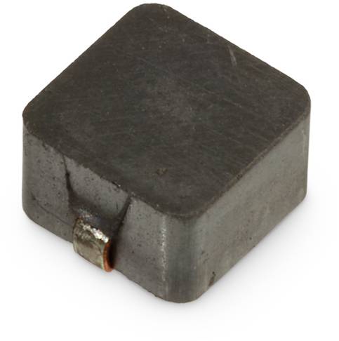 A square, dark grey ferrite core inductor with a metallic connection on the side.