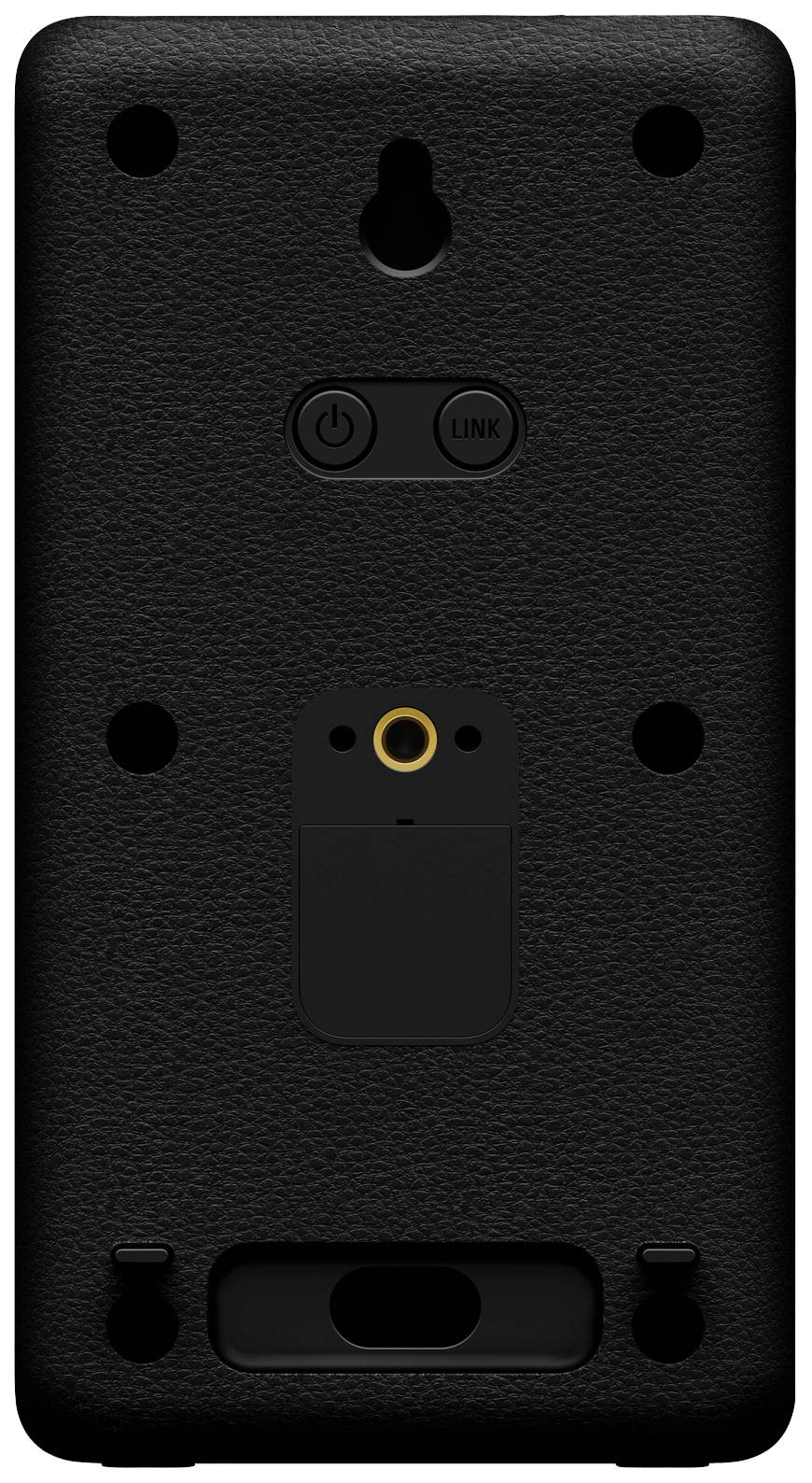 Black back panel of an electronic device with power on/off switch, link button, and multiple mounting points.