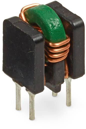 An electronic component, an alternating current inductor with copper coils and a green plastic core, standing upright with four metal pins.