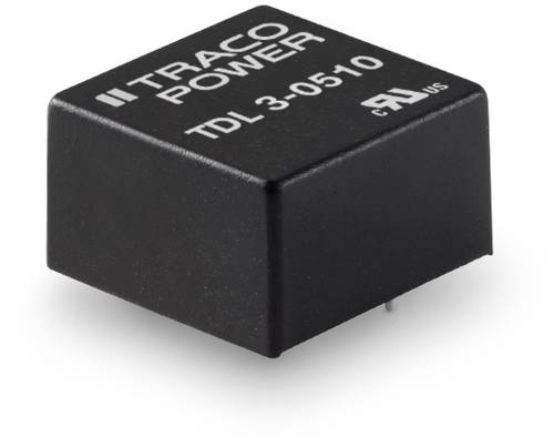 Black Traco Power TDL 3-0510 Voltage Converter. Compact, square shape with printed text and technical specifications.