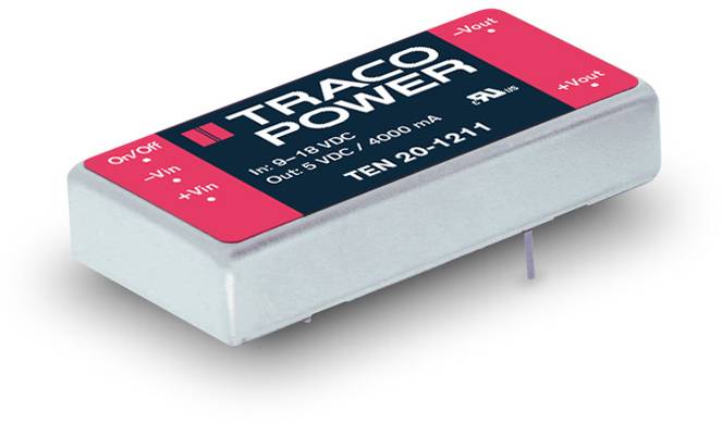 Performance module with 'TRACO POWER' logo, showing input and output options: Input 9-18VDC, Output 5VDC/4000mA. Model number TEN 20-1211.