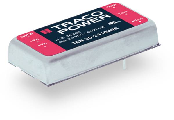 DC/DC converter from Traco Power, model TEN 20-2410WIR, input voltage 9-36 VDC, output 3.3 VDC, 4500 mA.