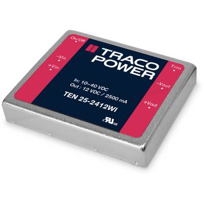 Electrical power module with 'TRACO POWER' inscription. Input: 10-40 VDC, Output: 12 VDC, 2500 mA. Model TEN 25-2412WI.