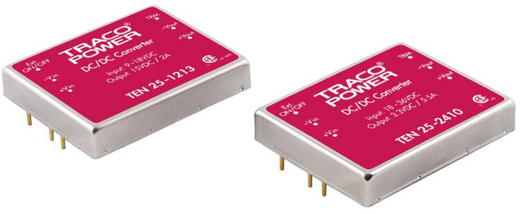 Two red TRACO POWER DC/DC converters, TEN 25-1213 and TEN 25-2410, with technical specifications on the top side.