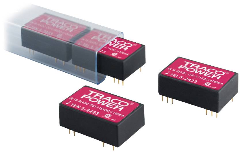 Three red electronic components by Traco Power, model number TEN 3-2433, with six metal pins. The components are for power supply.