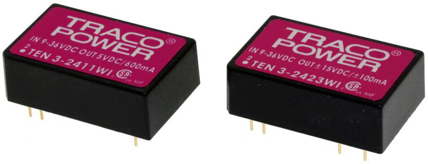 Two black Traco Power modules with red labels. Left module: 'TEN 3-2411WI', right: 'TEN 3-2423WI'. Both for voltage regulation.