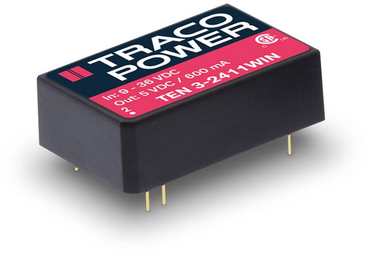 'TRACO POWER' DC/DC converter, input range 9-36 VDC, output 5 VDC/600 mA. Rectangular, black housing with four pins.